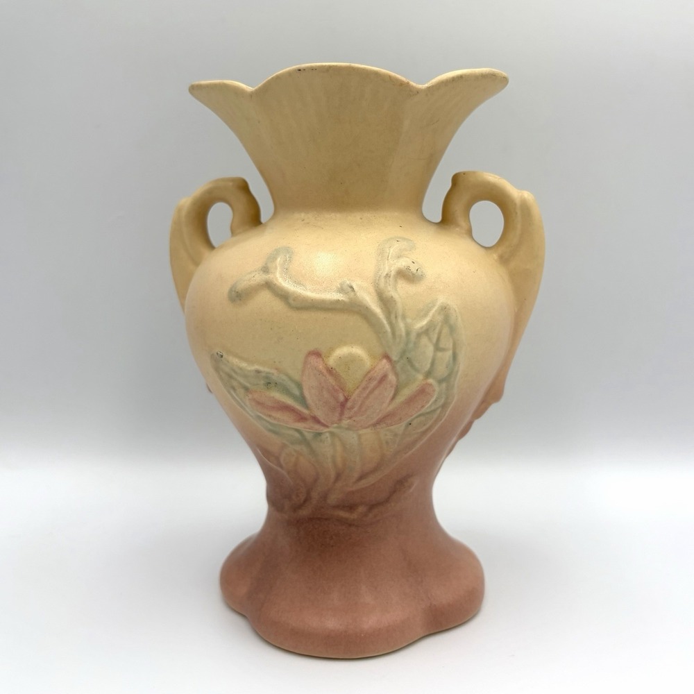 Hull Art Pottery Matte Magnolia Vase 4-6 1/4 YellowPink Floral Double Handle USA
